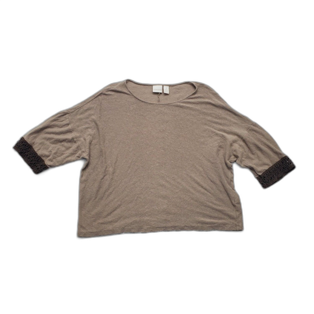 Chico's Top Womens Size 3 Brown Tunic Boat Neck 3/4 Sleeve Modal Crochet Trim